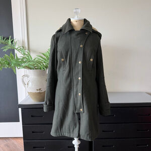 Betsey Johnson Vintage Army Green Long Wool Coat Faux Fur Hood Size 6